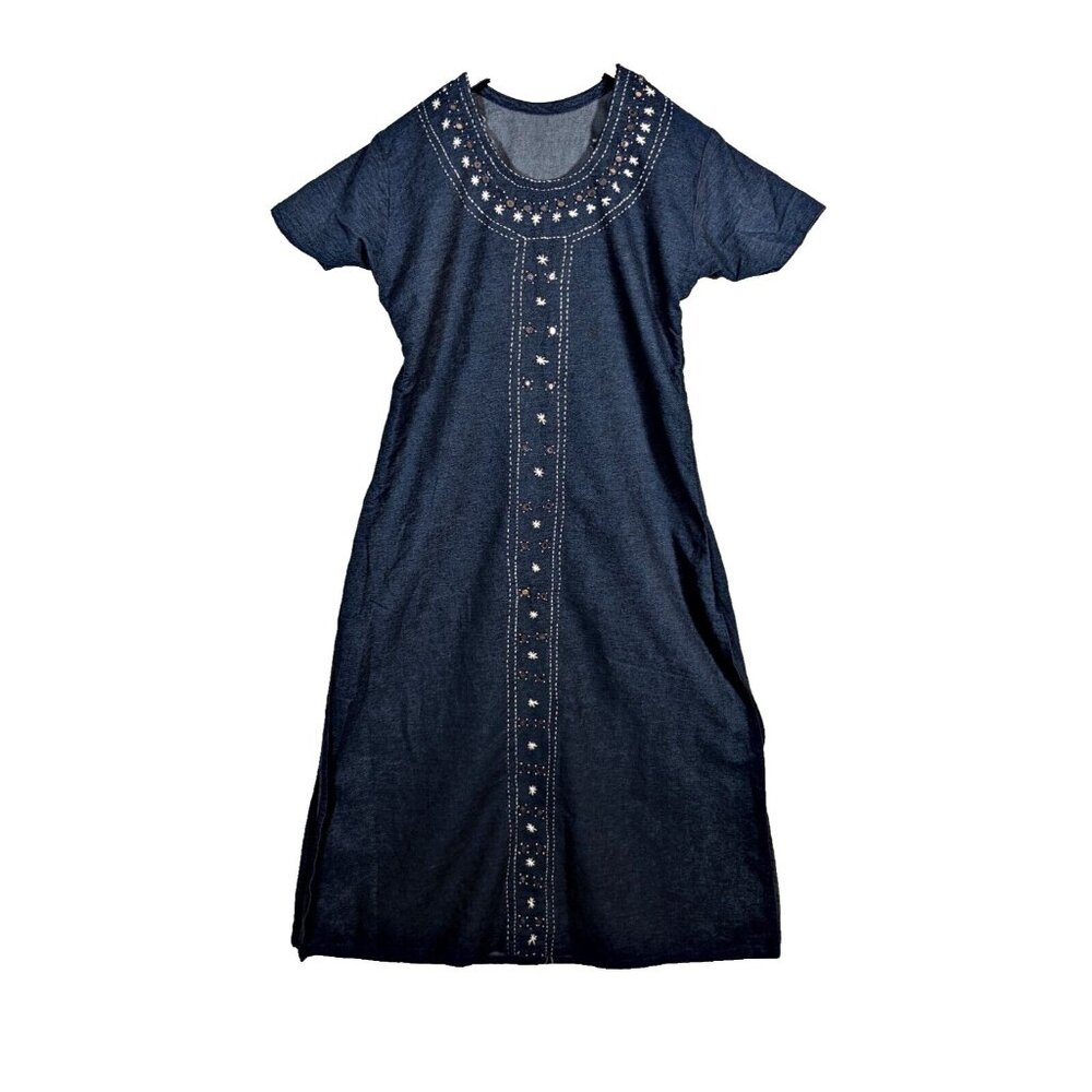 Vintage Hand Sewn Denim Maxi Dress Short Sleeves 100% Cotton Medium Mirror Panel